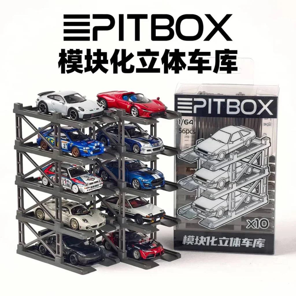 PITBOX 1:64 Modular Multi-Level Parking Garage Display 10 Car 56-Piece Set